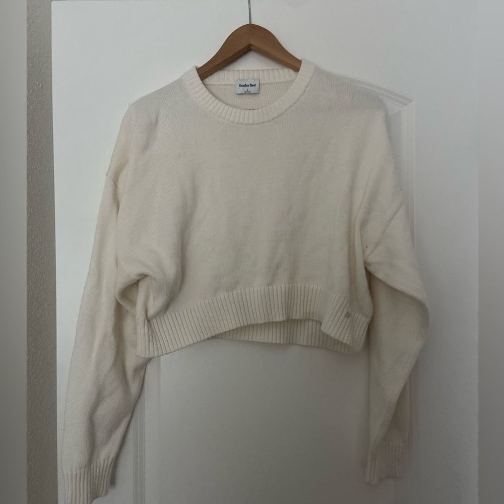 Aritzia Sunday Best Peggy Cropped Knitted White Sweater Sz S cotton cashmere - Picture 8 of 16